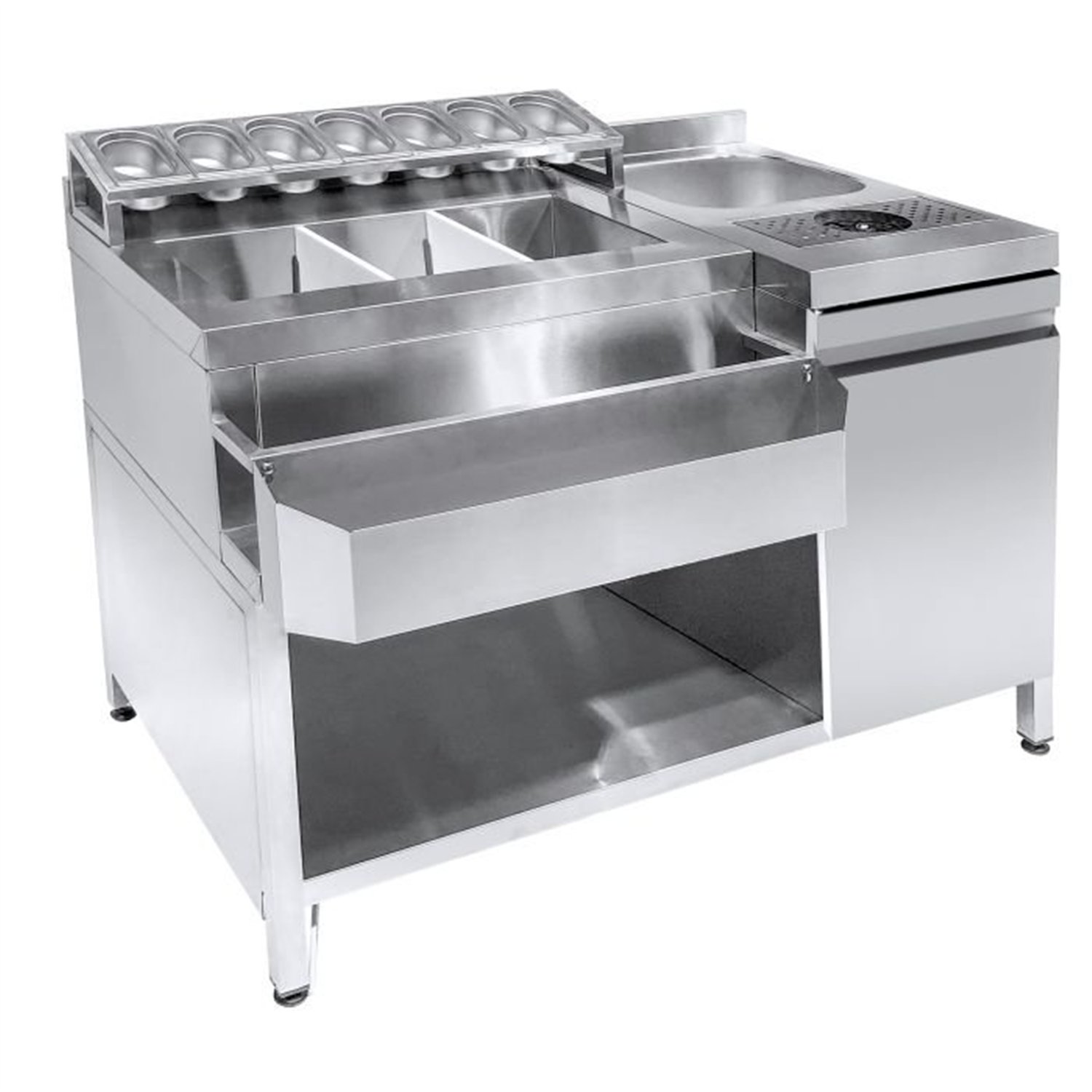 Stație cocktail bar, inclusiv chiuvetă, spălător de pahare, recipiente GN și suport rapid pentru sticle, Combi Steel.