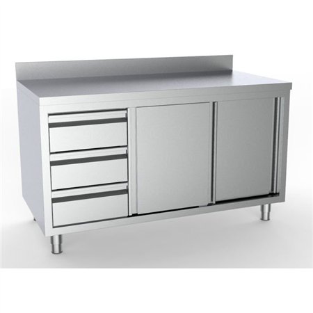 Masă de lucru cu uși glisante și sertare, stânga, cu spate ridicat, 1600, Combi Steel