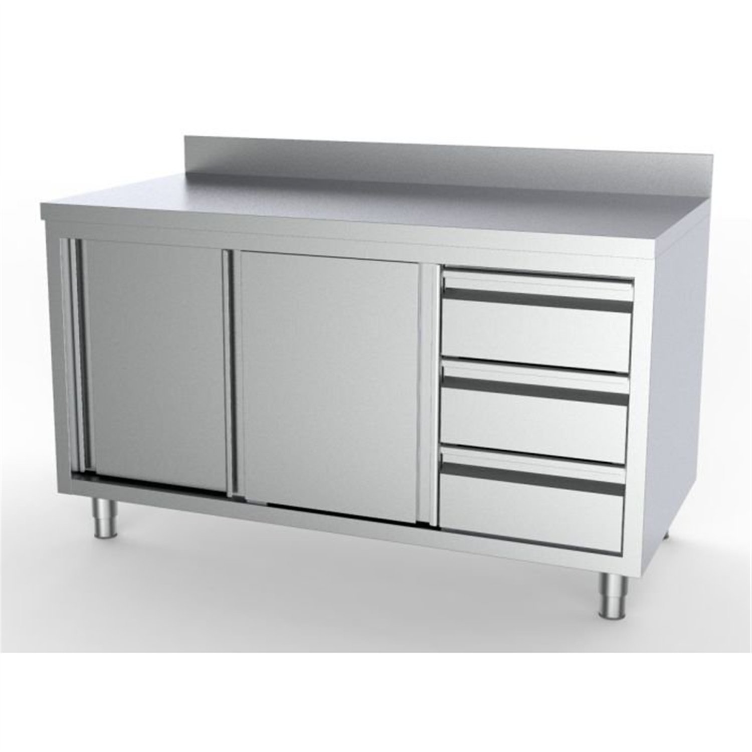Masă de lucru cu uși glisante și sertare, dreapta, cu spătar, 1400, Combi Steel