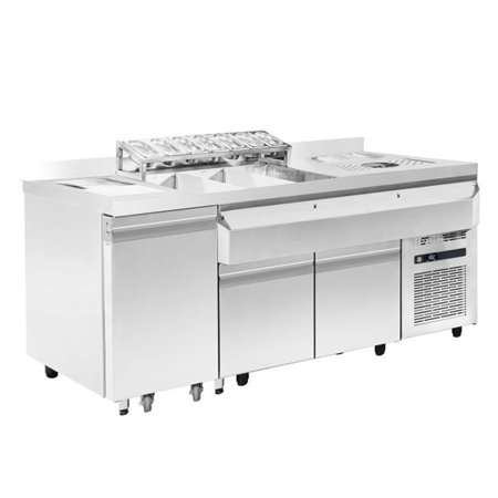 Stație bar cocktail refrigerată, inclusiv chiuvetă, spălător de pahare, recipiente GN, suport rapid pentru sticle, tocător și co