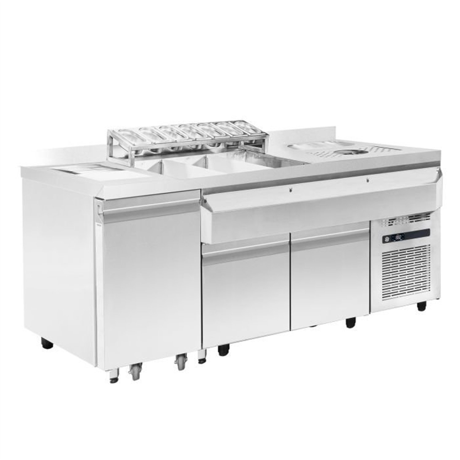 Stație bar cocktail refrigerată, inclusiv chiuvetă, spălător de pahare, recipiente GN, suport rapid pentru sticle, tocător și co