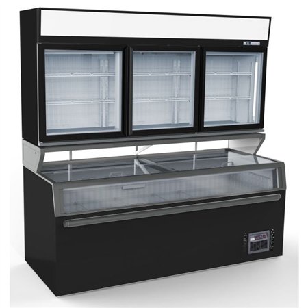 Congelator montat pe perete, 3 uși din sticlă, negru, WALL MOUNTED FREEZER UNIT BLACK 3 GLASS DOORS, Combi Steel