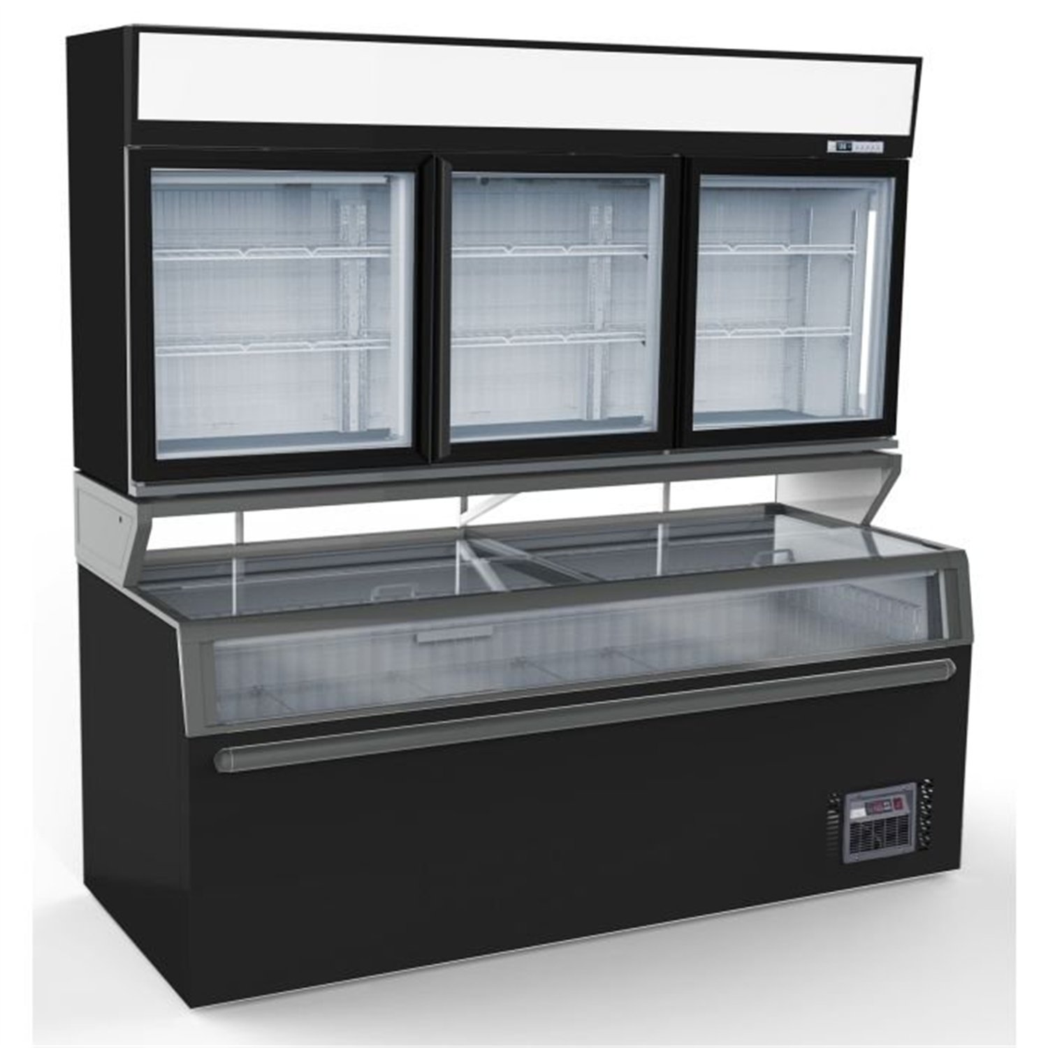Congelator montat pe perete, 3 uși din sticlă, negru, WALL MOUNTED FREEZER UNIT BLACK 3 GLASS DOORS, Combi Steel