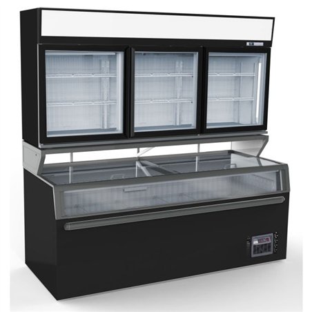 Congelator montat pe perete, 3 uși din sticlă, negru, WALL MOUNTED FREEZER UNIT BLACK 3 GLASS DOORS, Combi Steel